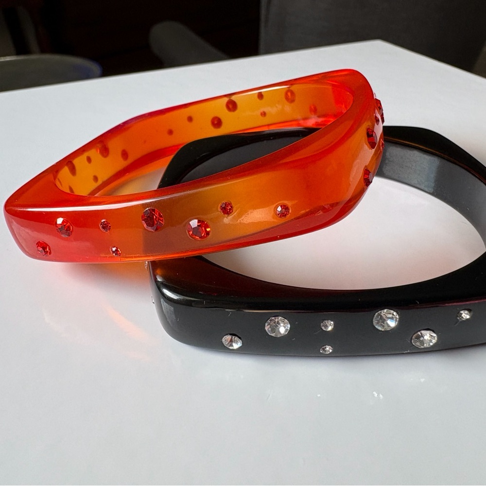 Vintage Art Deco Round Square Lucite Rhinestone Bangle Bracelet Set Black Orange